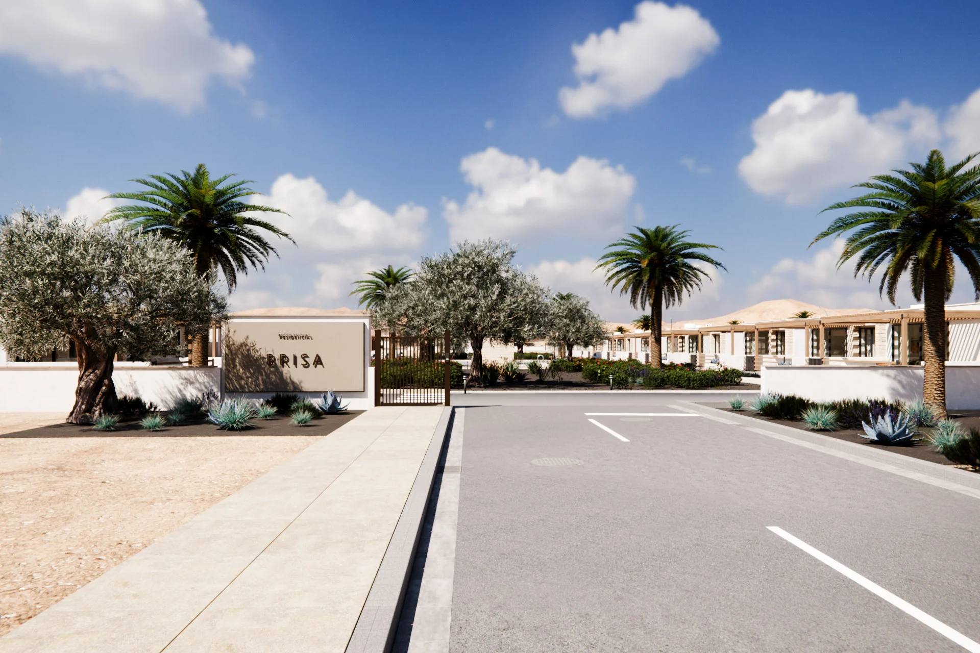 Residencial Brisa, render 3D: entrada con el rótulo BRISA en un muro de piedra, cancela, olivos y palmeras; al fondo, la calle interior con las viviendas.