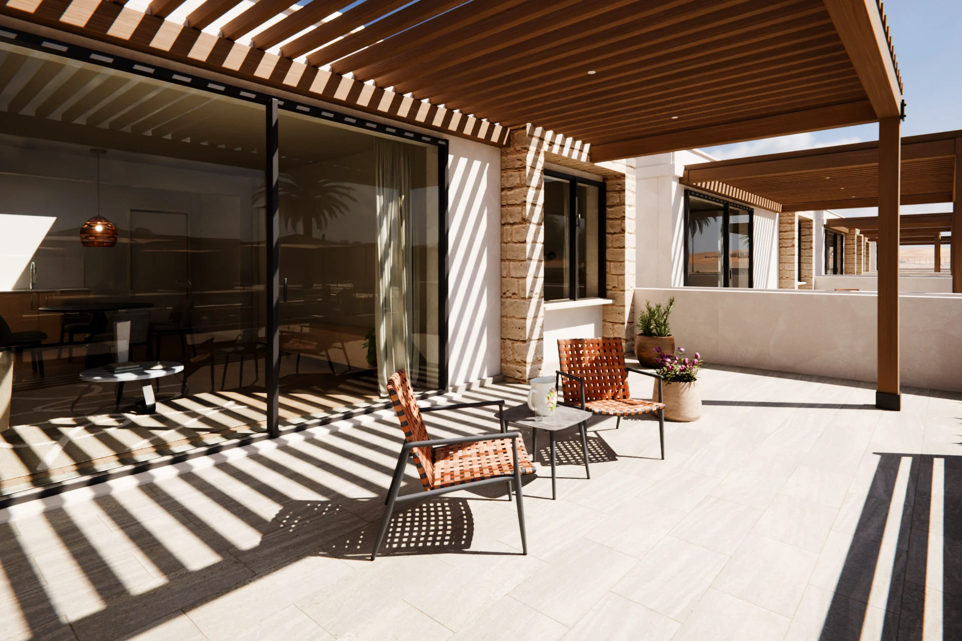 Residencial Brisa, render 3D: patio de una vivienda bajo una pérgola de madera, con dos butacas tejidas y la sombra de las lamas en el suelo.