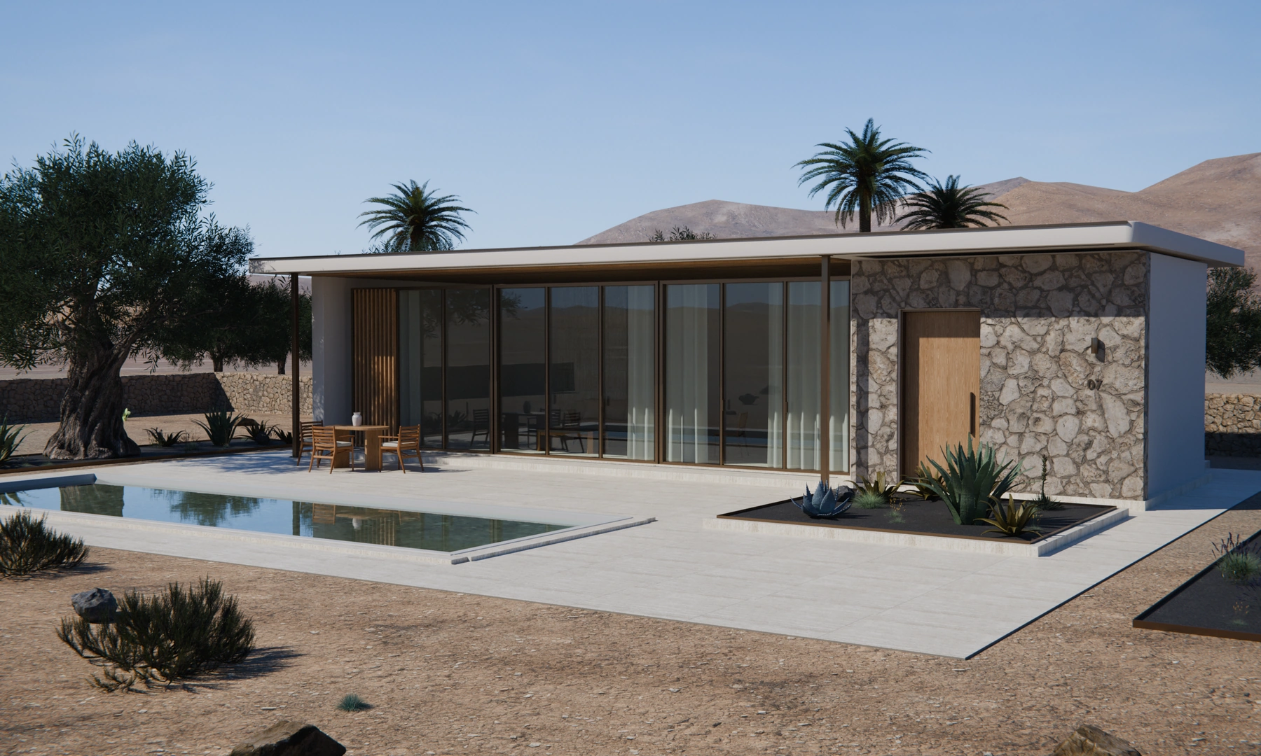 Casa del Olivo, render 3D: vivienda de piedra con piscina y olivo en el paisaje de Fuerteventura.