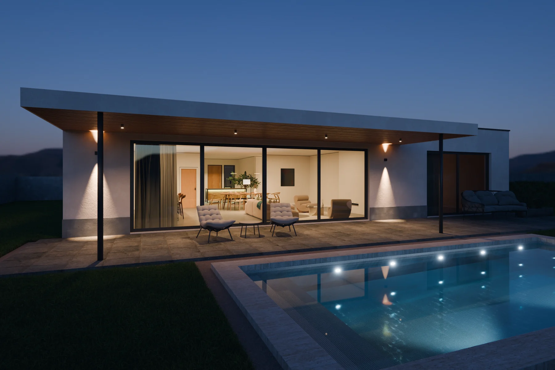 Casa Moderna al anochecer, con la piscina iluminada