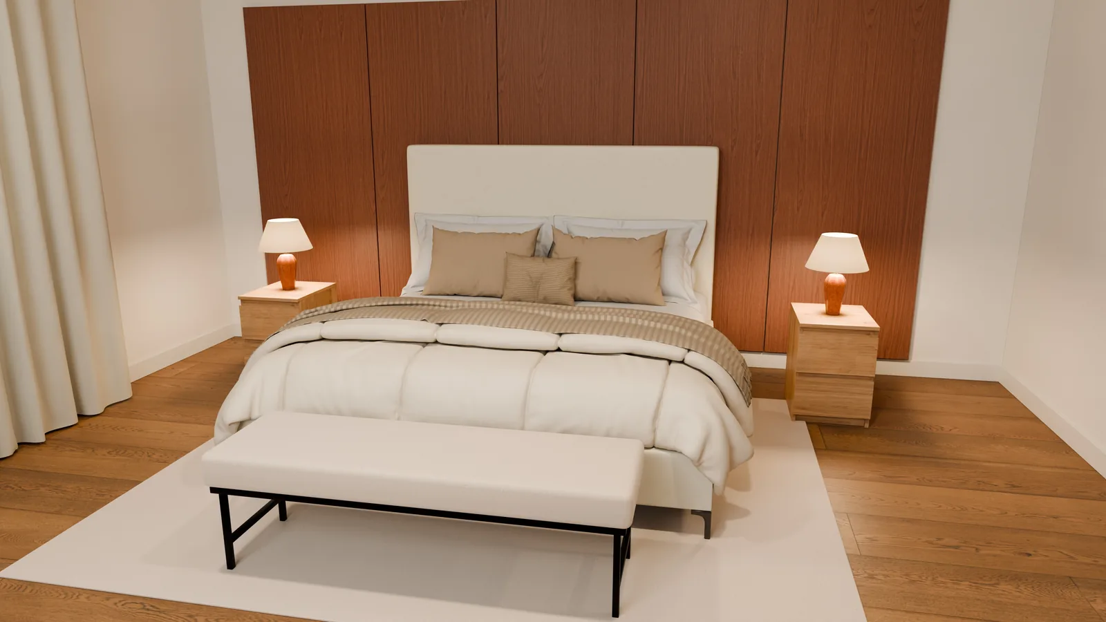 Casa Cedar, render 3D: dormitorio con cama tapizada en blanco, panel de madera en el cabecero, mesillas con lámparas y banco a los pies.