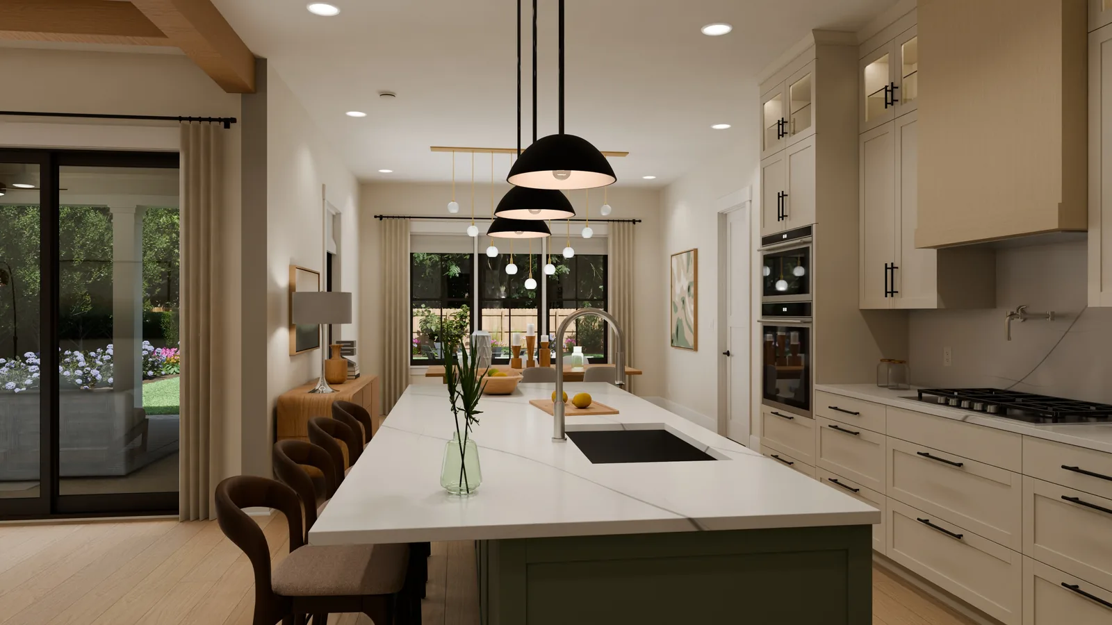 Casa norteamericana, render 3D: cocina con gran isla de encimera blanca y frente verde, taburetes de madera oscura, lámparas colgantes negras y comedor al fondo.