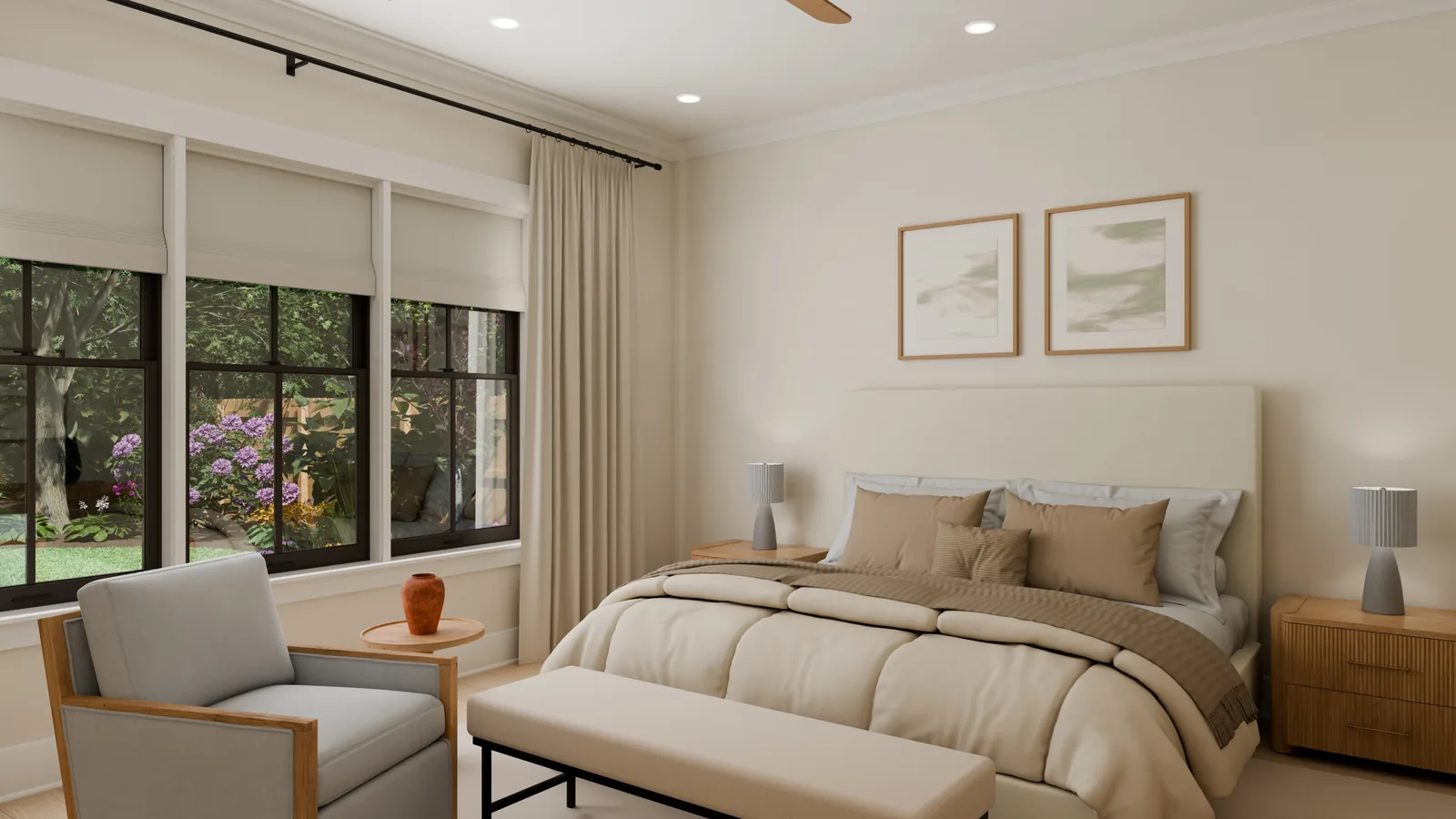 Casa norteamericana, render 3D: dormitorio principal en tonos crema con cama tapizada, banco a los pies, butaca y tres ventanas al jardín.