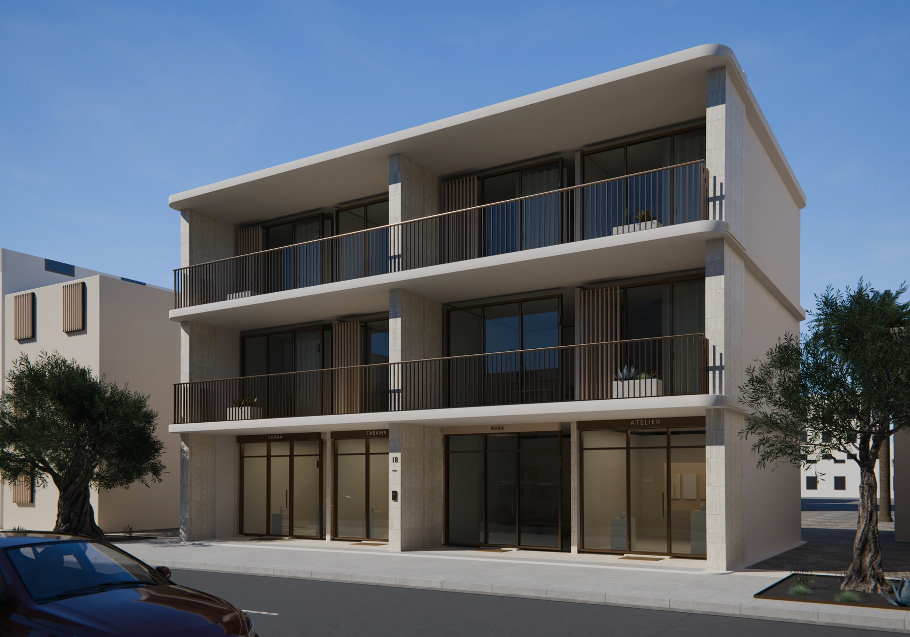 Residencial Duna, render 3D: vista a pie de calle, edificio de tres plantas con balcones corridos, barandillas y celosías de madera, y locales en planta baja.