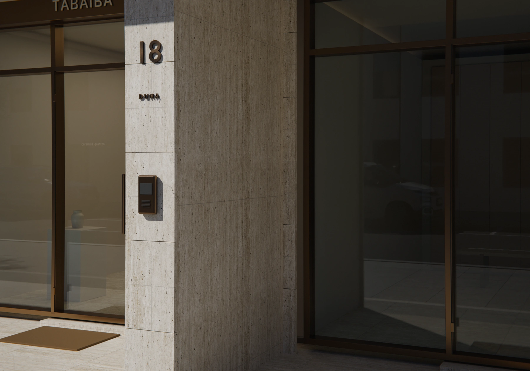 Residencial Duna, render 3D: portal, pilar de travertino con el número y el nombre del edificio junto a los escaparates.