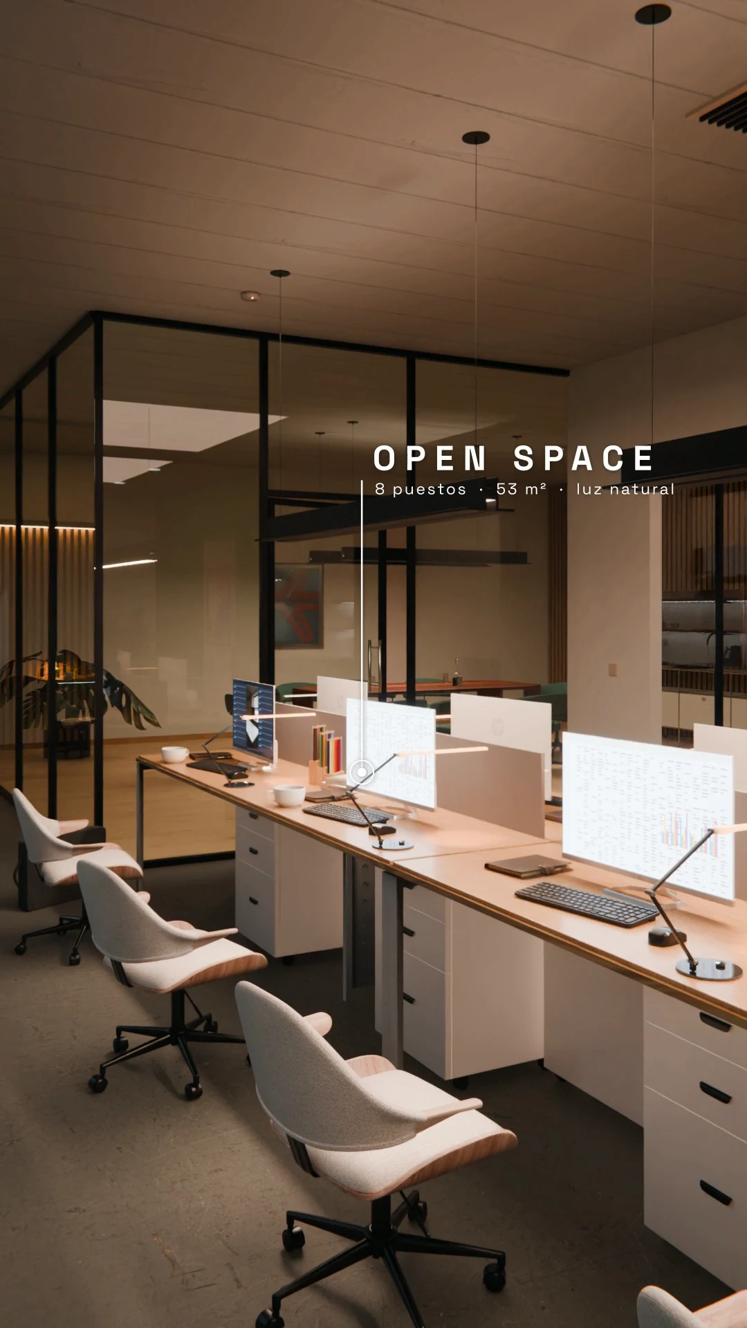 Oficina Moderna, render 3D: espacio abierto de oficina con puestos de trabajo, monitores y sillas tapizadas junto a una sala acristalada, con el título OPEN SPACE: 8 puestos, 53 m², luz natural.