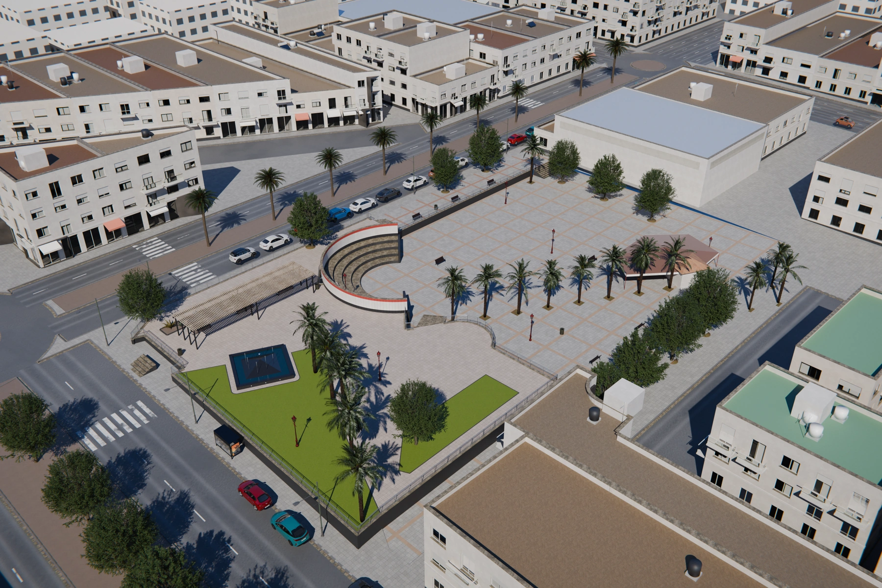 Plaza de la Paz, render 3D: vista aérea, plaza de losas con palmeras, graderío curvo, pérgola, fuente y quiosco, entre calles y edificios simplificados.